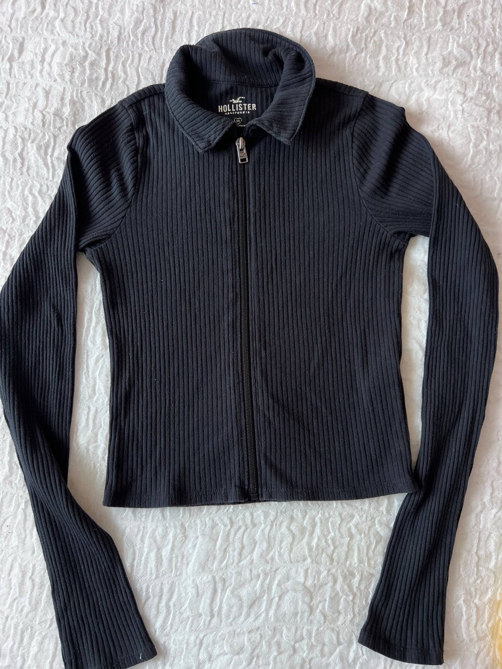 Hollister Black Ribbed Zip-Up Collared Sweatshirt